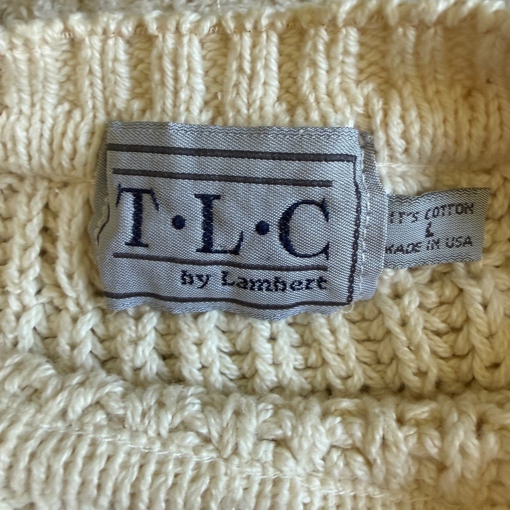 90s Vintage Lambert Cream Chunky Oversized Cotton Sweater Made in USA L Coastal - Picture 5 of 7